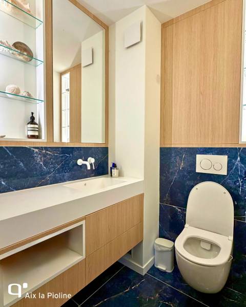 Aménagement d'un WC sur mesure intégrant une armoire à pharmacie avec porte miroir et meuble vasque à Aix