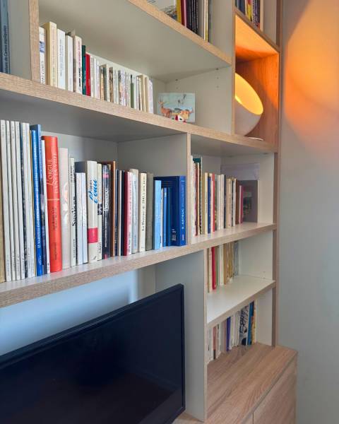 Optimiser tout un pan de mur avec une bibliothèque personnalisée intégrant une TV et des niches décoratives à Marseille