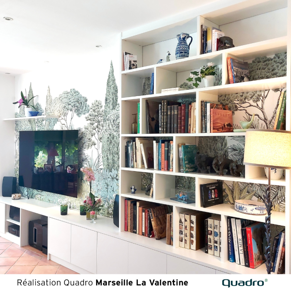 Bibliothèque-meuble TV sans fond avec papier peint panoramique en arrière-plan