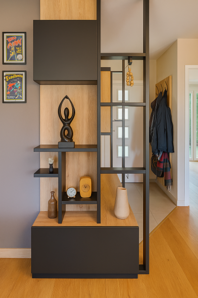 Aménagement d’une entrée avec un meuble en angle sur mesure dans le secteur d’Aix les Milles