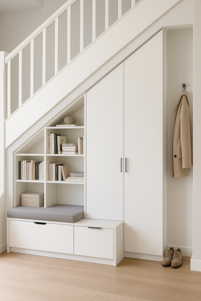Créer un espace banquette et rangement sur mesure sous un escalier de maison à Marseille
